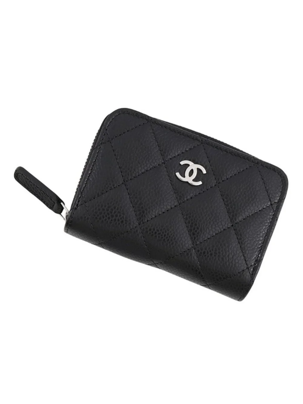 Chanel Coin Purse Quilted CC Logo Caviar Leather Wallet Black
